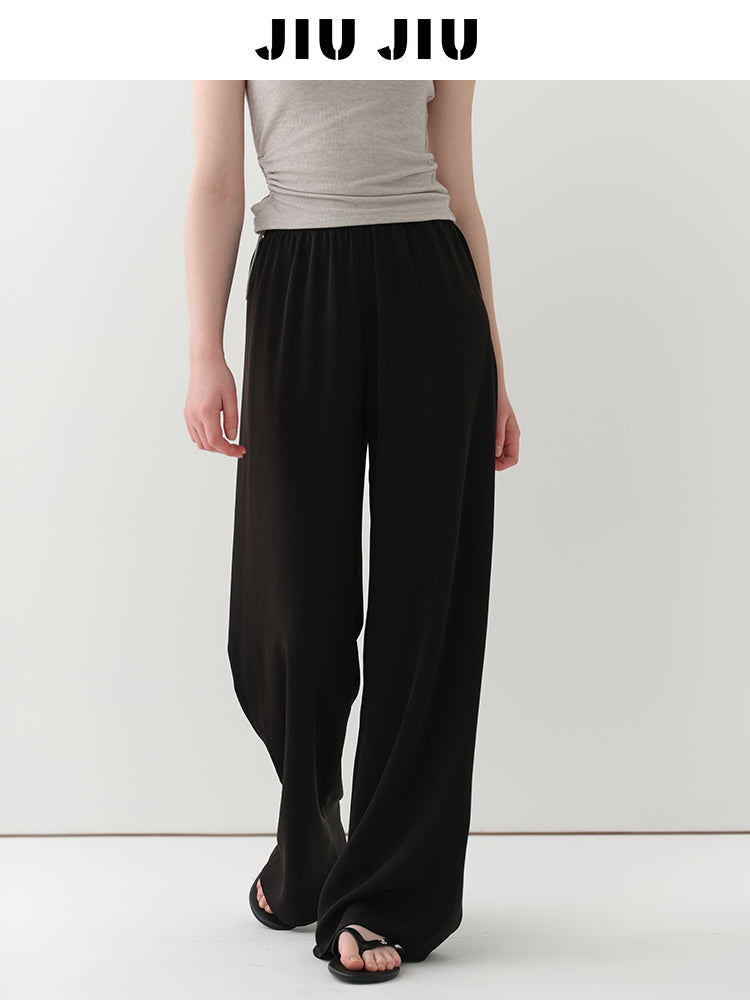 Elastic Waist Flowy Pants With Slimming Effect