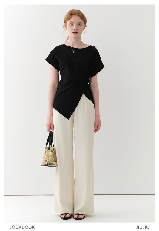 Elastic Waist Flowy Pants With Slimming Effect