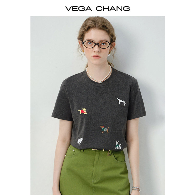 Dog-Embroidered T-Shirt & Cotton A-Line Mini Skirt