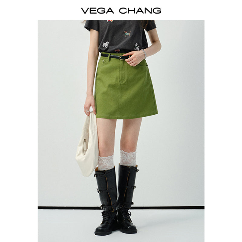 Dog-Embroidered T-Shirt & Cotton A-Line Mini Skirt