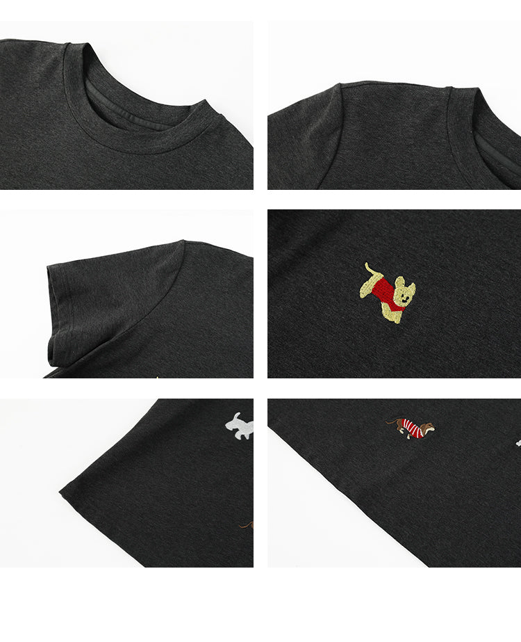 Dog-Embroidered T-Shirt & Cotton A-Line Mini Skirt