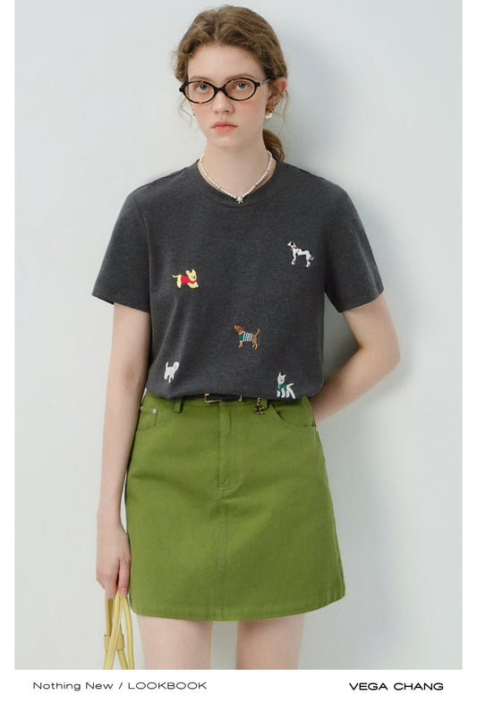 Dog-Embroidered T-Shirt & Cotton A-Line Mini Skirt