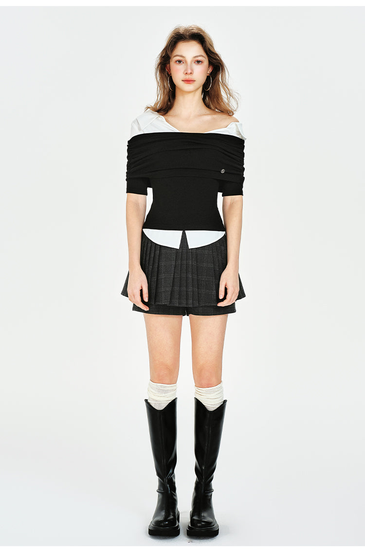 Faux Two-In-One Off-Shoulder Collared Knit Top