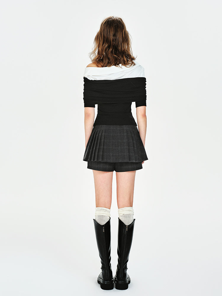 Faux Two-In-One Off-Shoulder Collared Knit Top