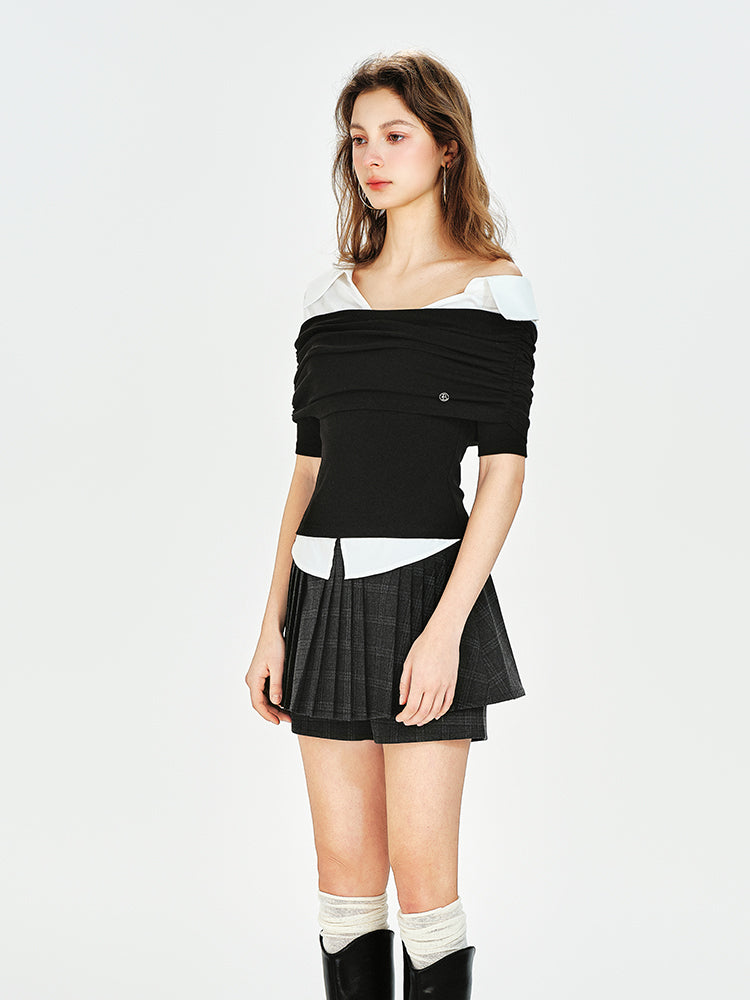 Faux Two-In-One Off-Shoulder Collared Knit Top