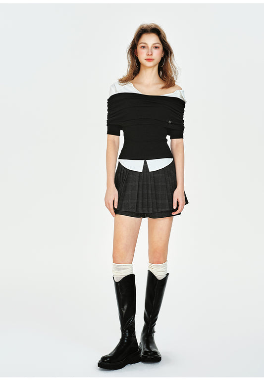 Faux Two-In-One Off-Shoulder Collared Knit Top