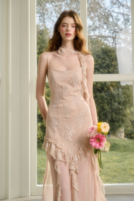 Ruffled Lace Chiffon Slip Dress & Matching Scarf