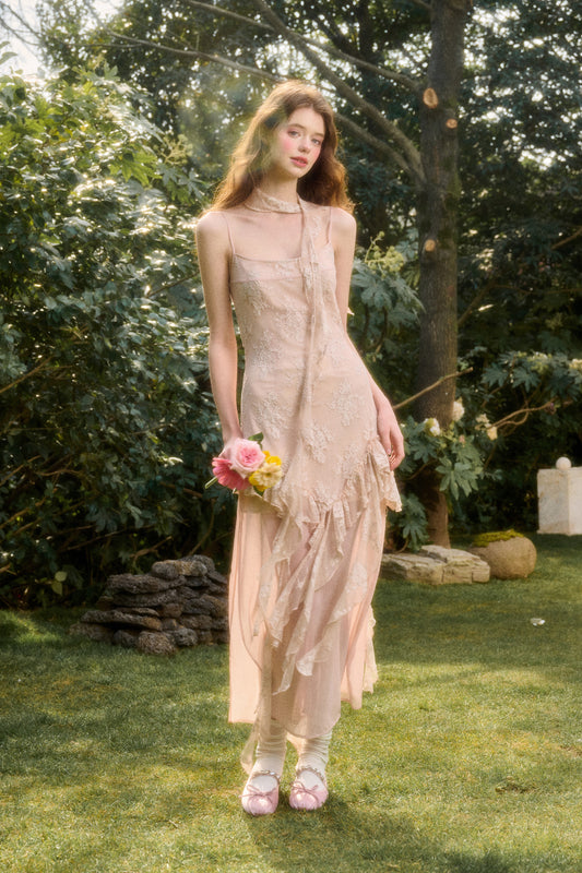 Ruffled Lace Chiffon Slip Dress & Matching Scarf