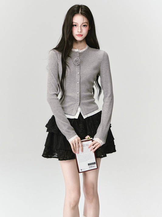 Layered-Look Ribbed Top With Rose Accent