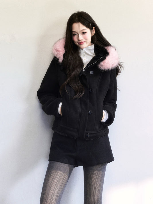 Faux Suede Jacket With Removable Fur Trim
