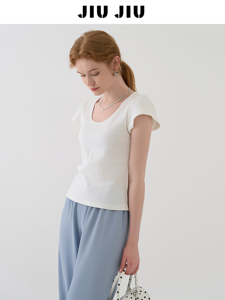 Dainty Pointelle Tee With Puffed Sleeves