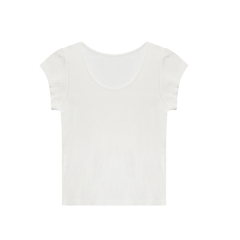 Dainty Pointelle Tee With Puffed Sleeves