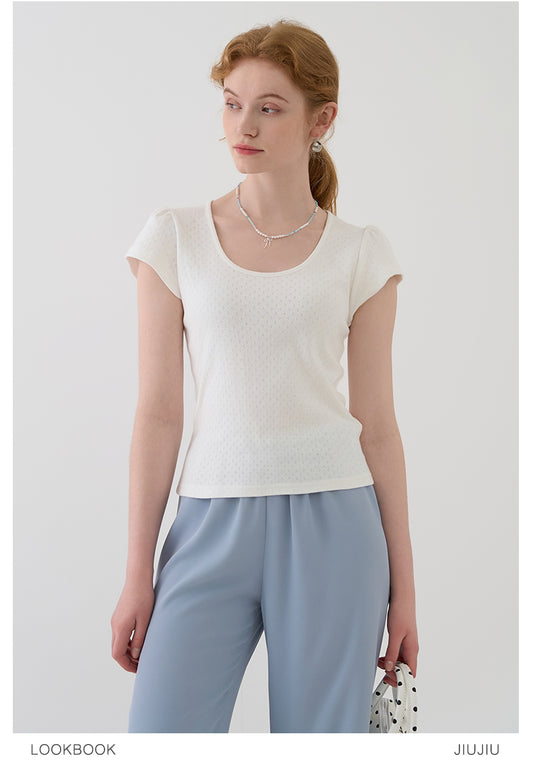Dainty Pointelle Tee With Puffed Sleeves
