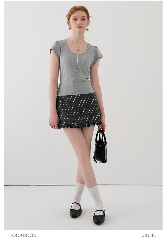 Dainty Pointelle Tee With Puffed Sleeves