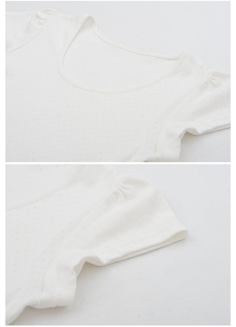 Dainty Pointelle Tee With Puffed Sleeves