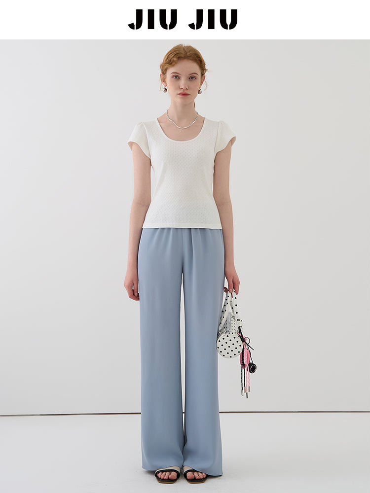 Dainty Pointelle Tee With Puffed Sleeves