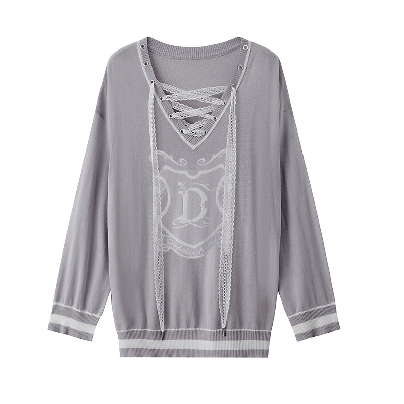 V-Neck Lace-Up Knit Top