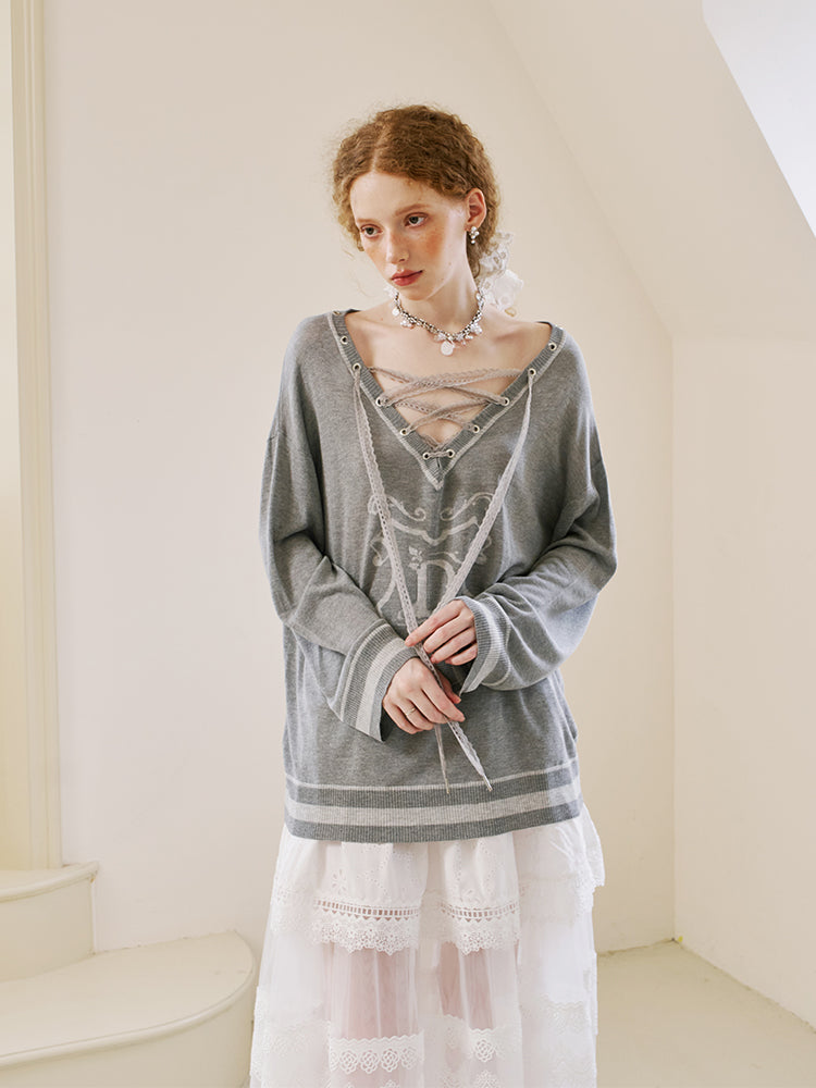 V-Neck Lace-Up Knit Top