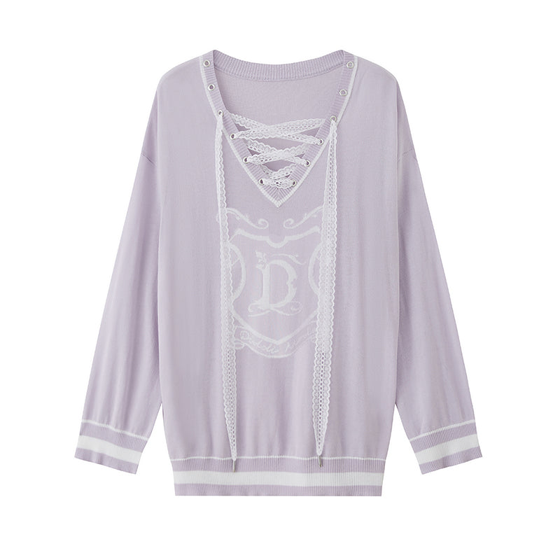 V-Neck Lace-Up Knit Top