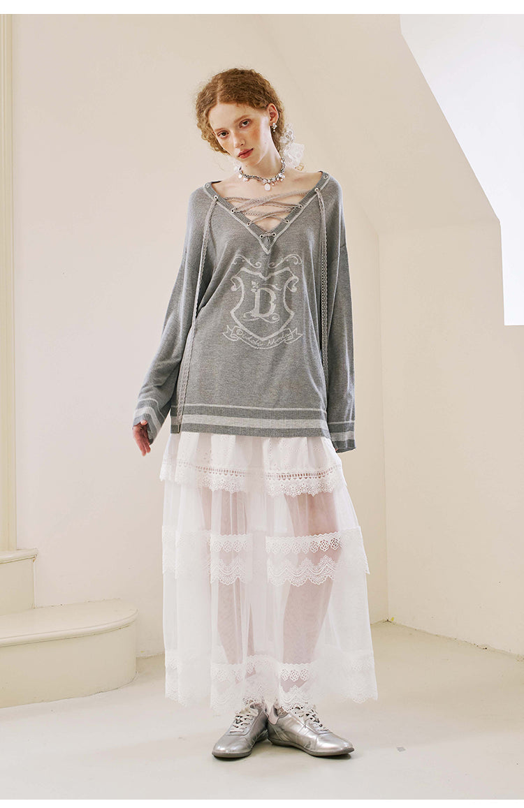 V-Neck Lace-Up Knit Top