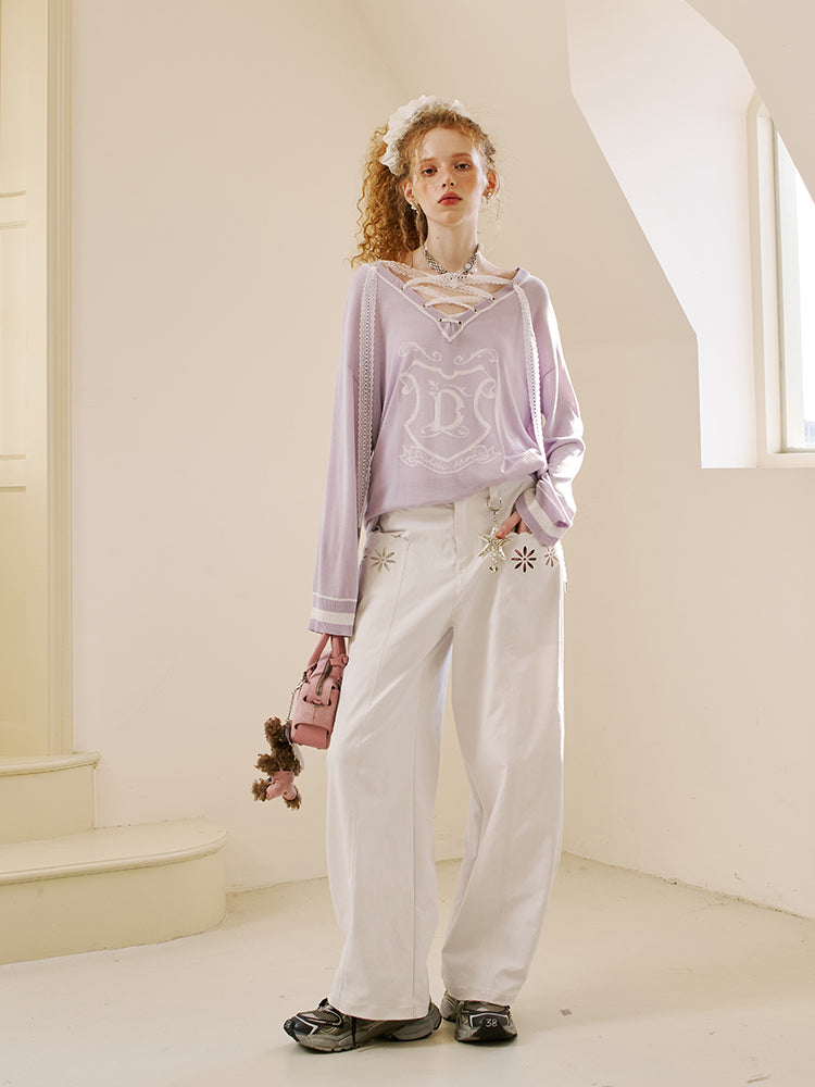 V-Neck Lace-Up Knit Top