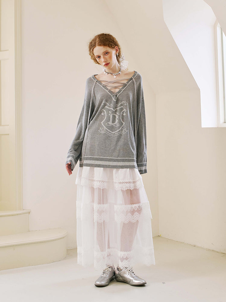 V-Neck Lace-Up Knit Top