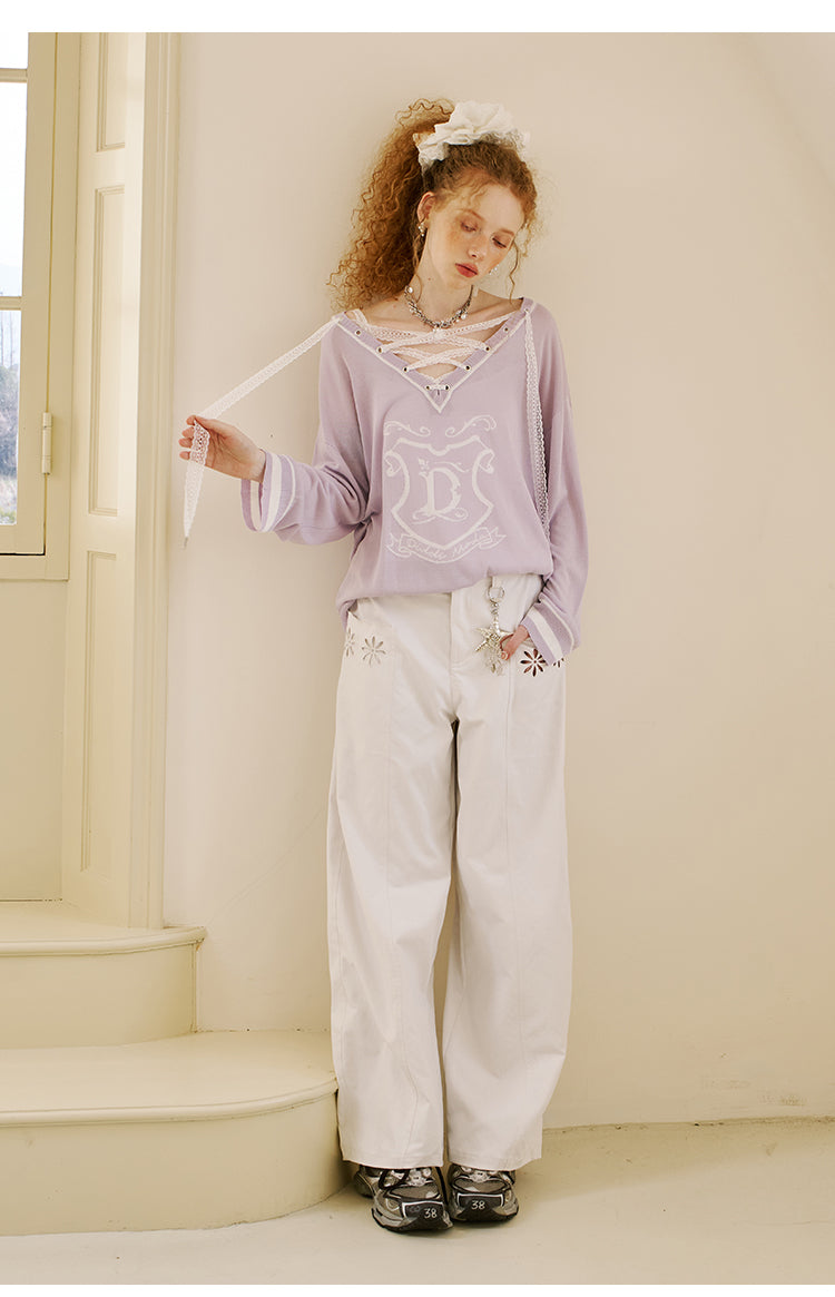 V-Neck Lace-Up Knit Top