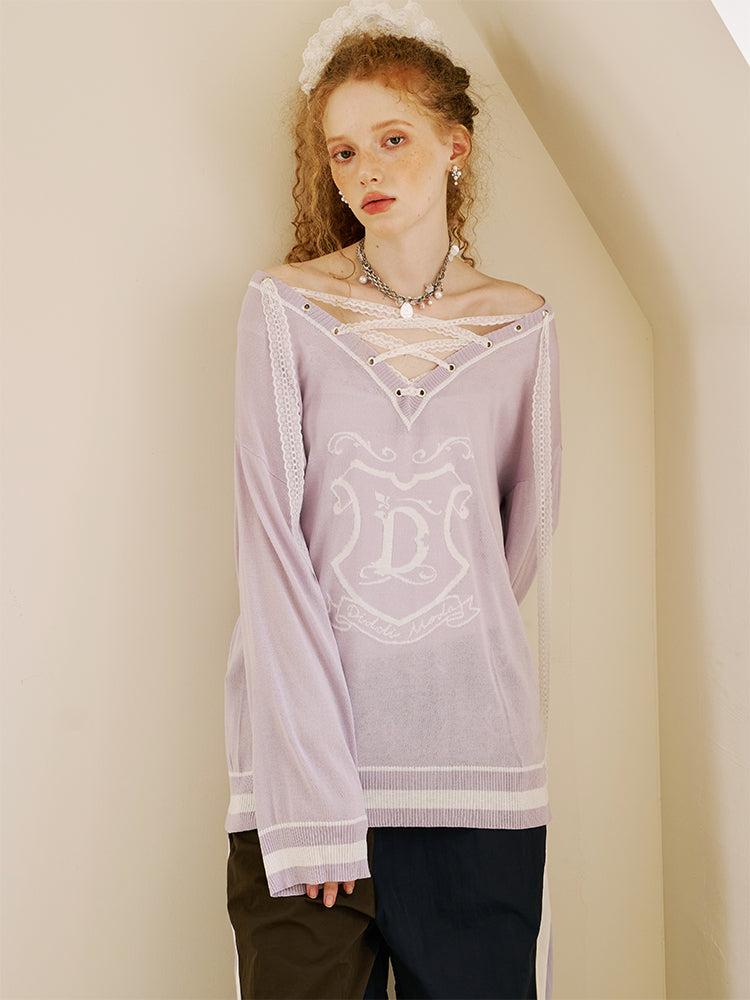 V-Neck Lace-Up Knit Top