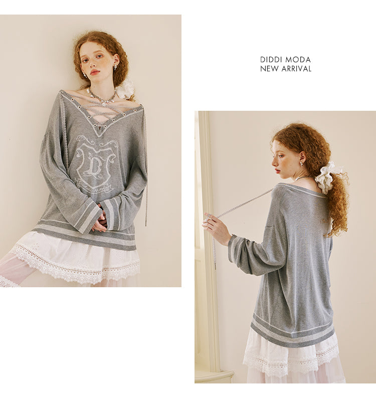 V-Neck Lace-Up Knit Top