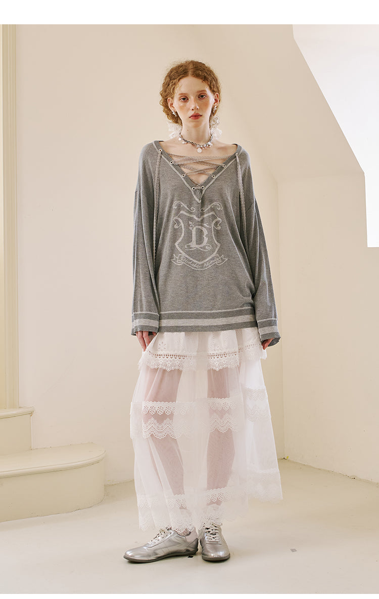 V-Neck Lace-Up Knit Top