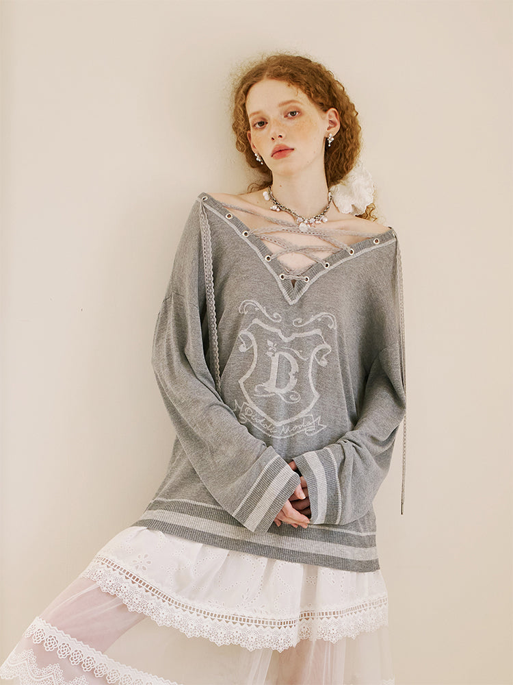 V-Neck Lace-Up Knit Top