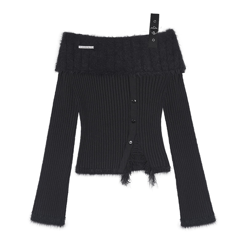 Single-Strap Off-Shoulder Fuzzy Knit Top