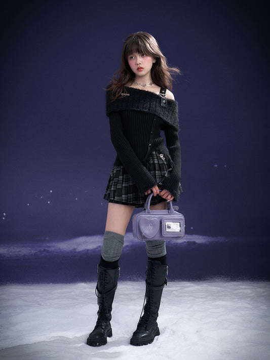 Single-Strap Off-Shoulder Fuzzy Knit Top