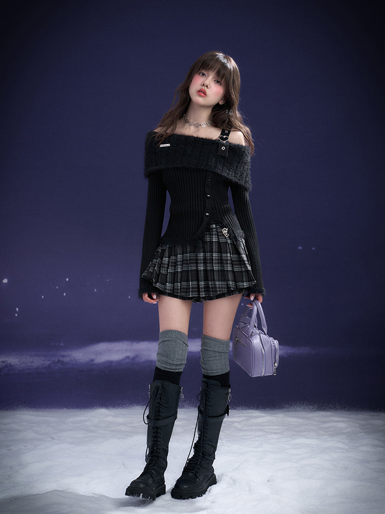 Single-Strap Off-Shoulder Fuzzy Knit Top