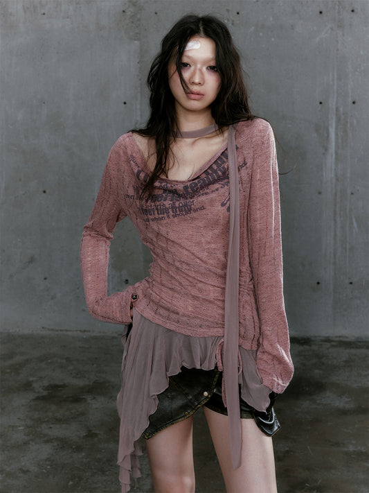 Ruffled Punk Knit Top With Tie Detail