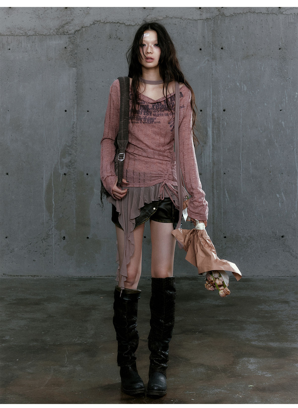 Ruffled Punk Knit Top With Tie Detail