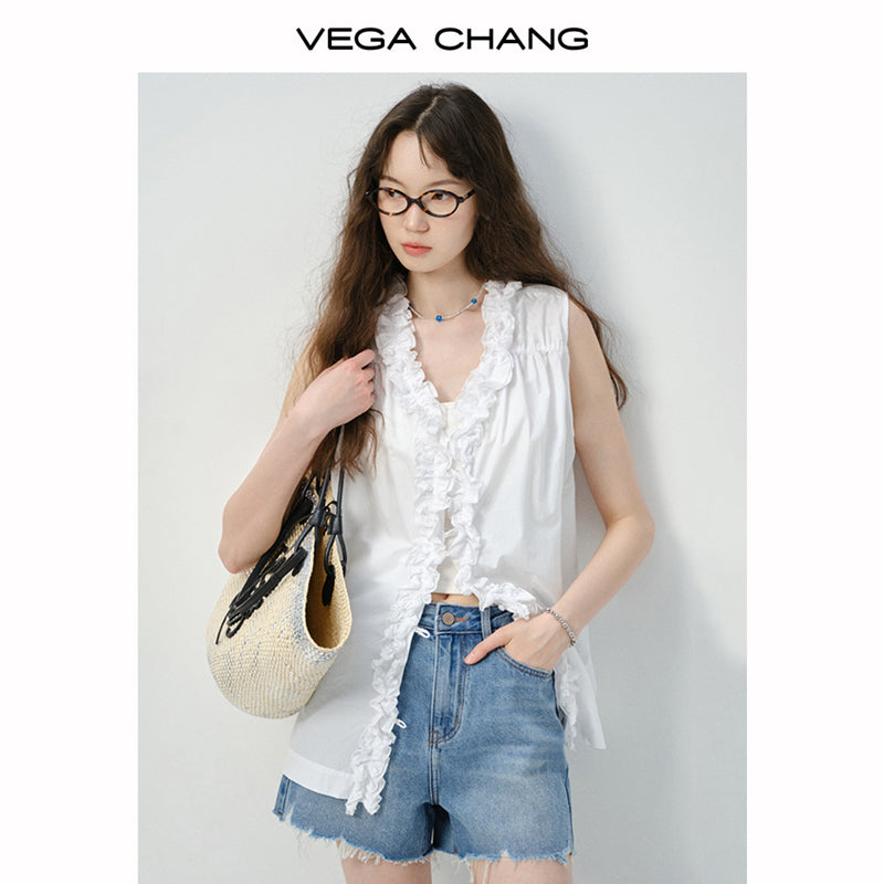 Reversible Sleeveless Ruffled Top, Raw Hem Jeans
