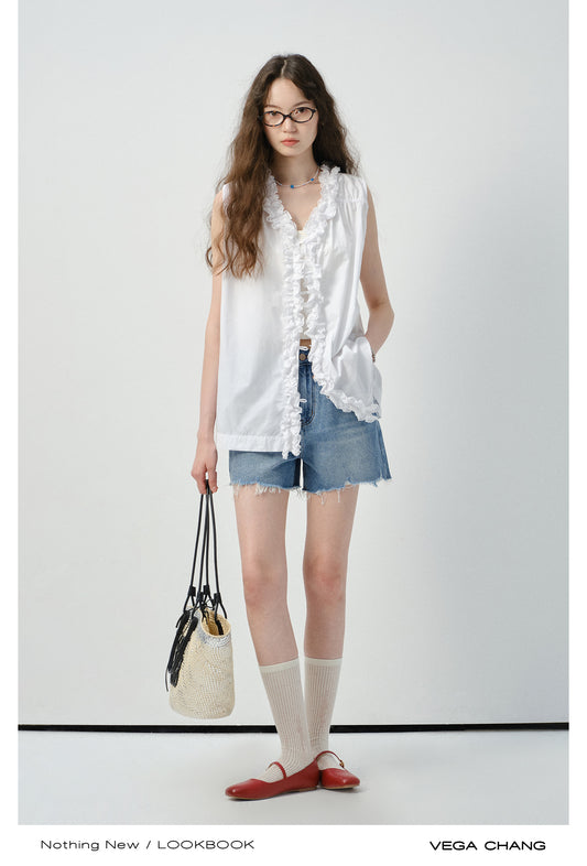 Reversible Sleeveless Ruffled Top, Raw Hem Jeans