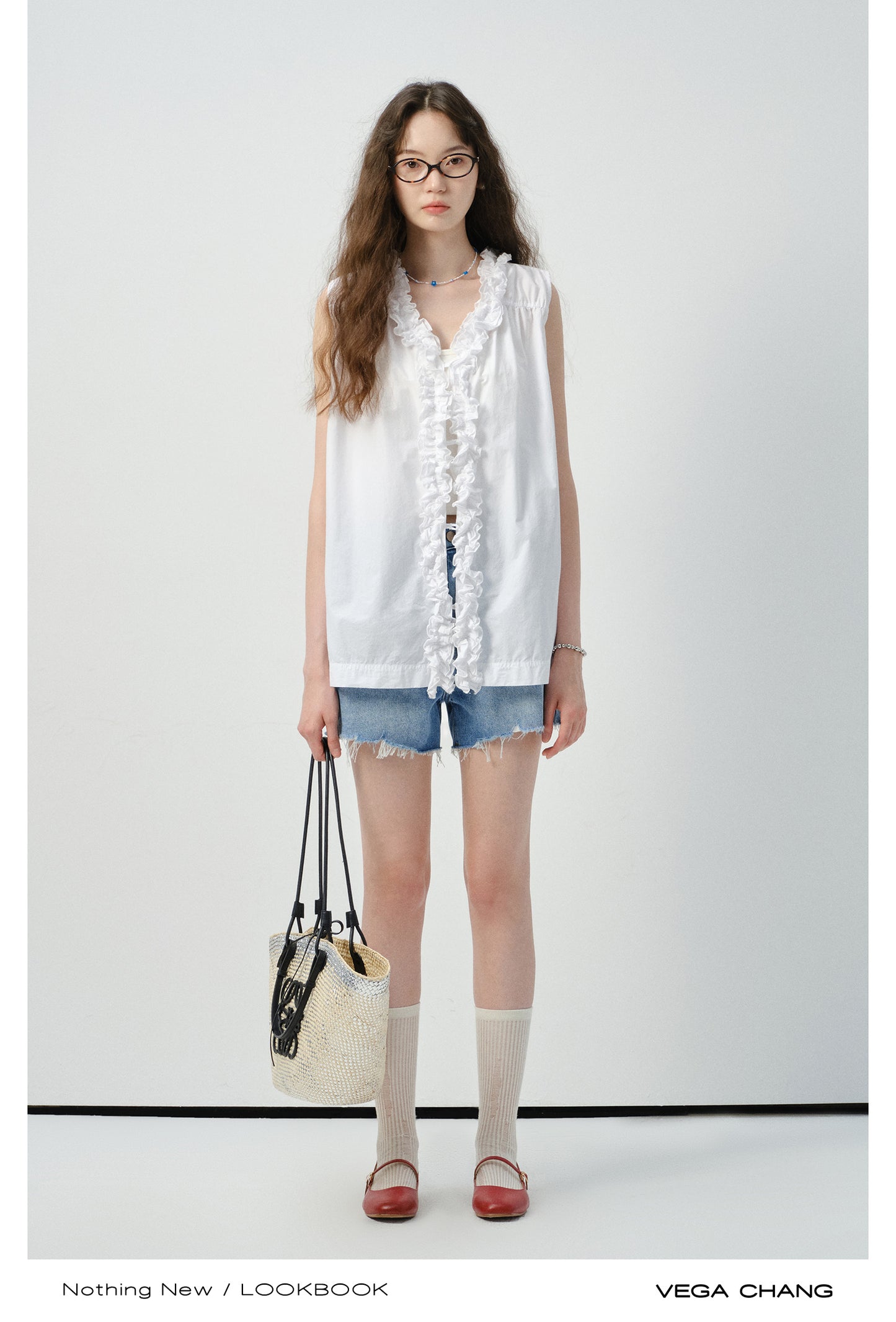 Reversible Sleeveless Ruffled Top, Raw Hem Jeans