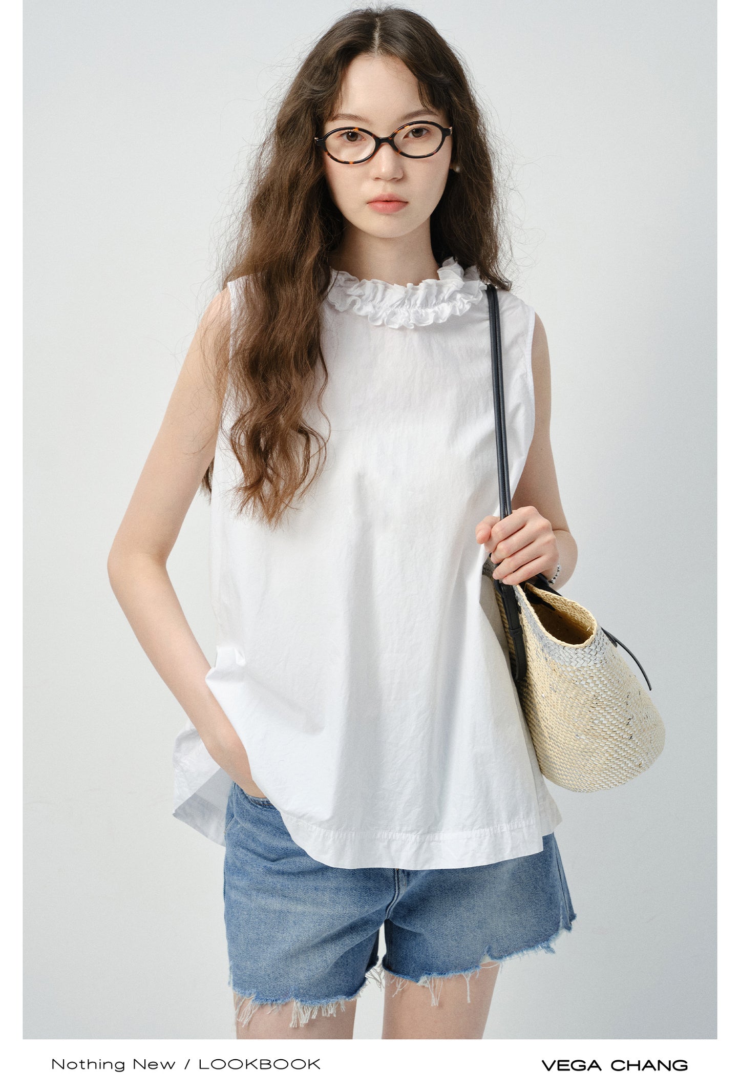 Reversible Sleeveless Ruffled Top, Raw Hem Jeans