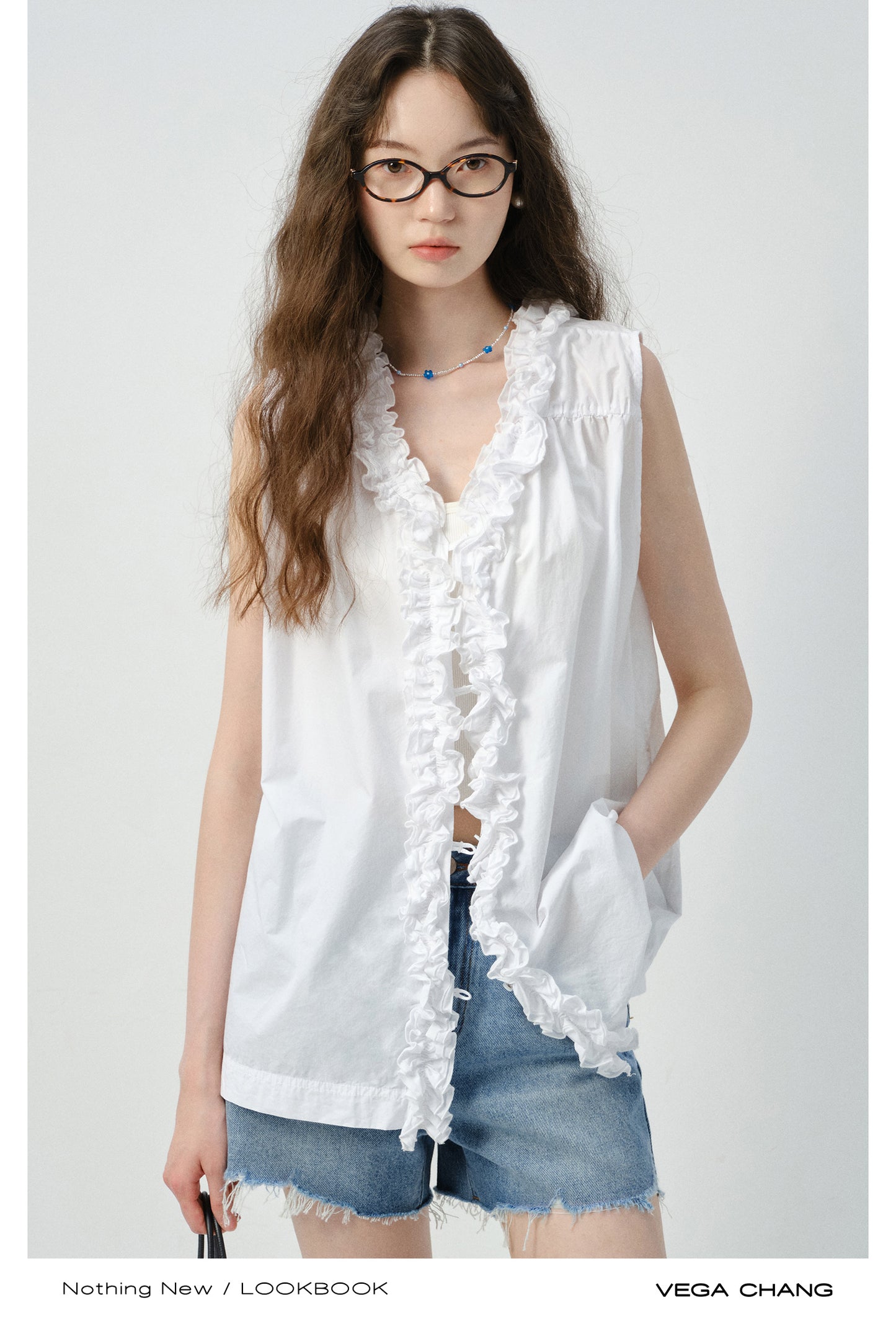 Reversible Sleeveless Ruffled Top, Raw Hem Jeans