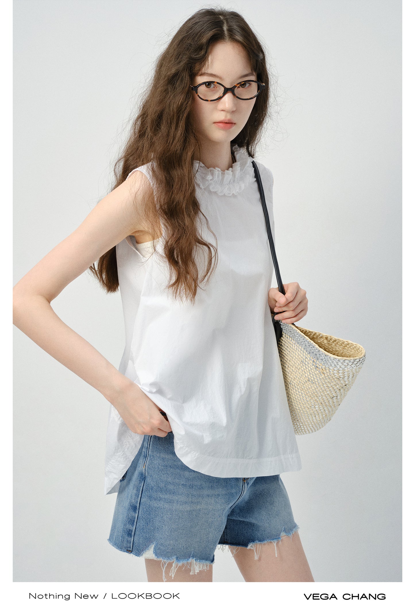 Reversible Sleeveless Ruffled Top, Raw Hem Jeans