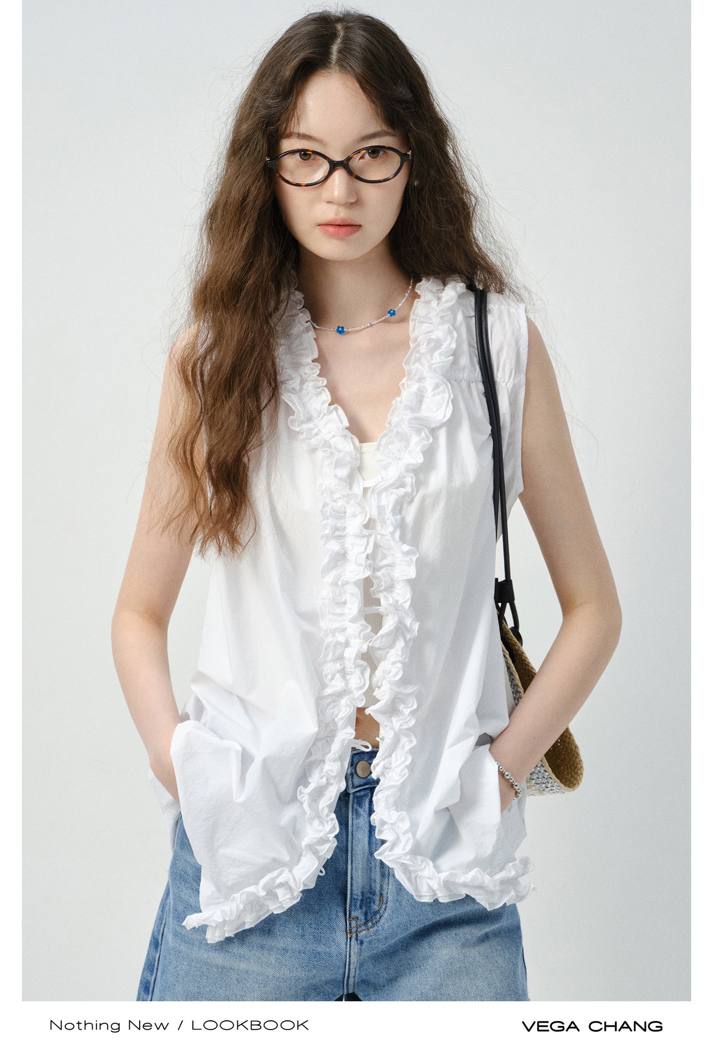 Reversible Sleeveless Ruffled Top, Raw Hem Jeans