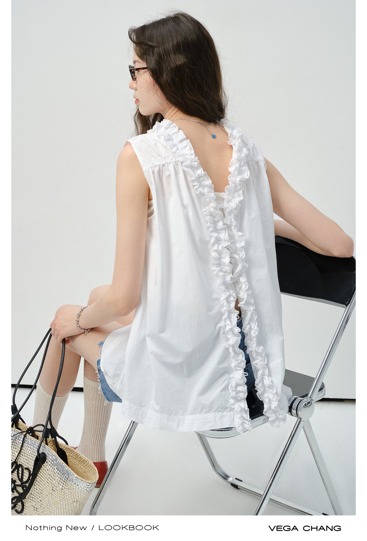 Reversible Sleeveless Ruffled Top, Raw Hem Jeans