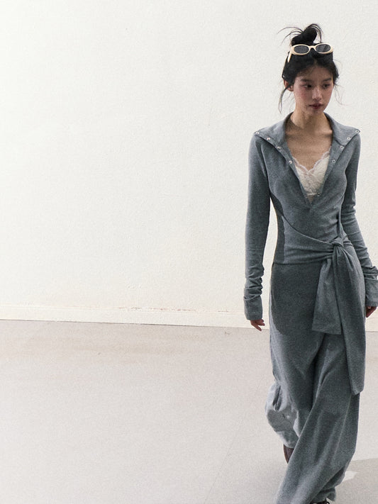 Half-Button High Neck Maxi Dress With Waist Tie