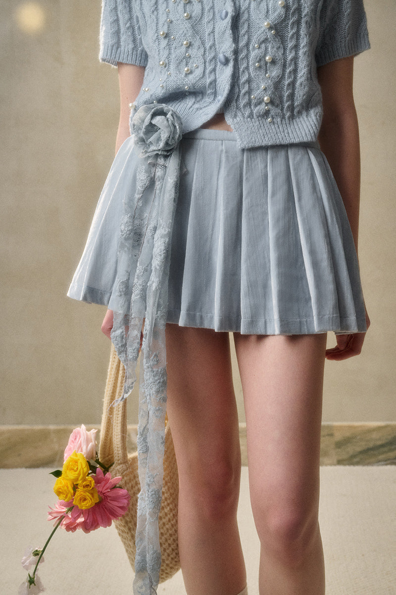 Shimmering Velvet Pleated Skirt With Chiffon Flower Ribbon
