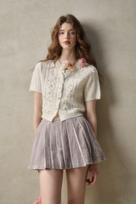 Shimmering Velvet Pleated Skirt With Chiffon Flower Ribbon