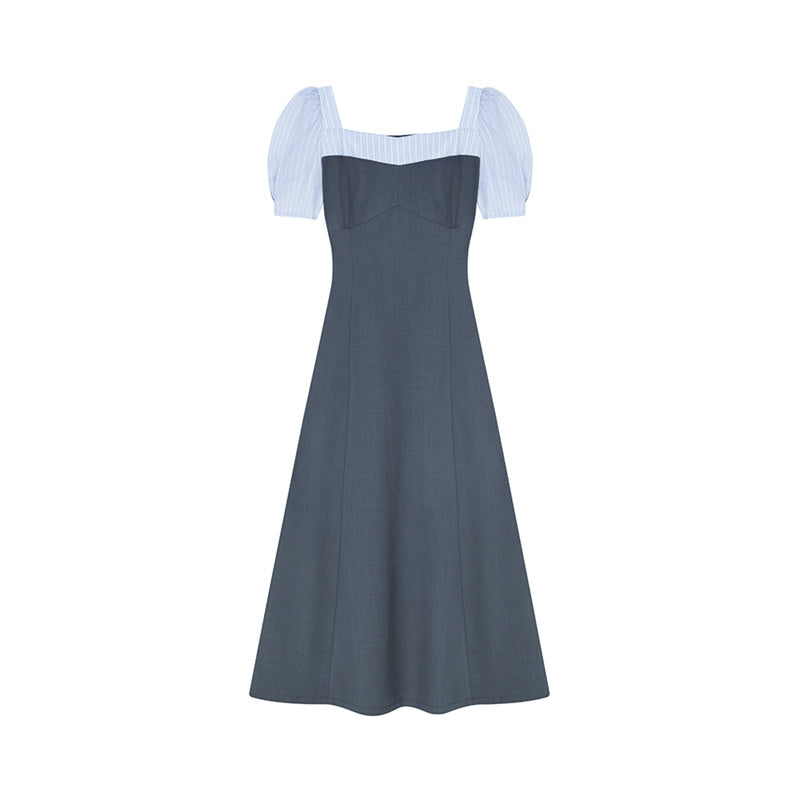 2-Style Gray Faux Layered Dress With Striped Blouse