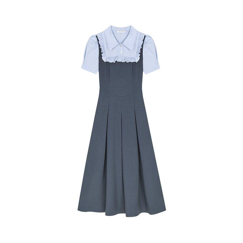 2-Style Gray Faux Layered Dress With Striped Blouse