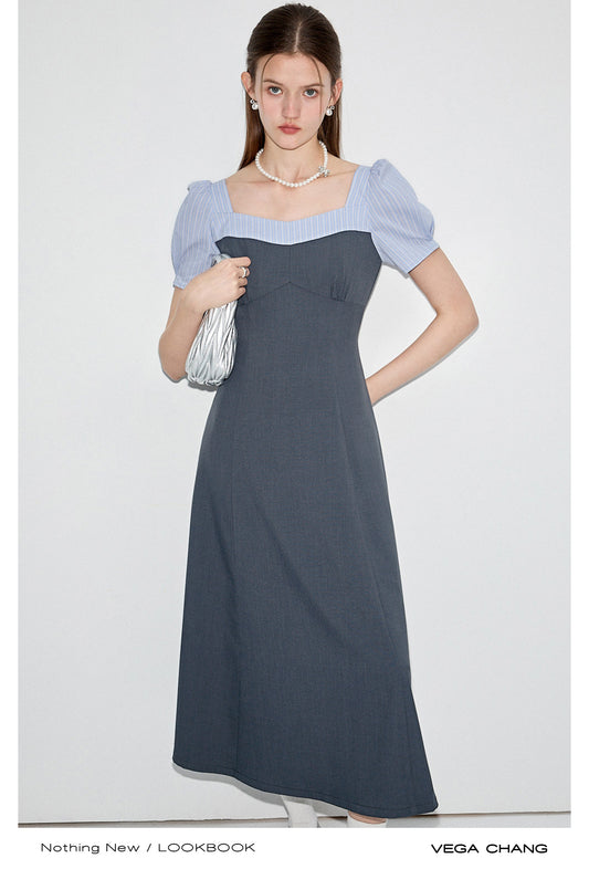 2-Style Gray Faux Layered Dress With Striped Blouse